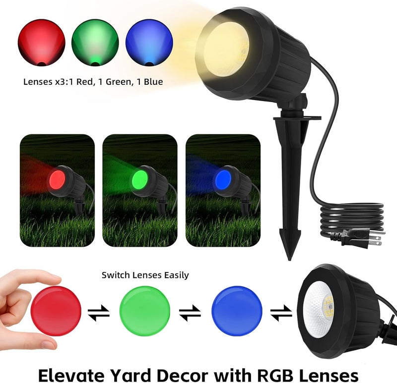 Holeva Spotlight Outdoor – 120V Plug-in, 2700K Warm White LED Landscape Spot Lights with RGB 3 Lenses for Yard, Garden, Lawn&Tree Decor, IP67 Waterproof, Perfect for Holidays&Everyday (1 Pack, Black) - Image 2